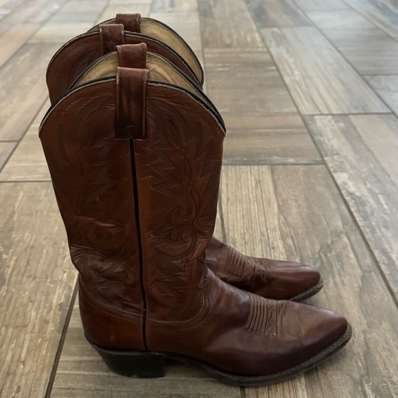 DAN POST COWBOY BOOTS WINGTIP BROWN STITCHED LEATHER, #16782 SIZE 9D, VINTAGE - Picture 6 of 12